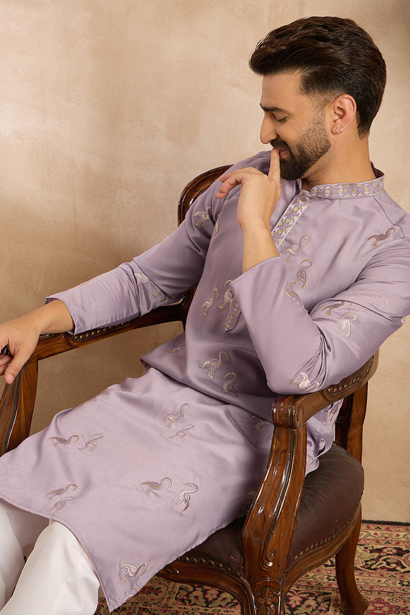 Lavender Silk Blend Solid Embroidered Straight Kurta