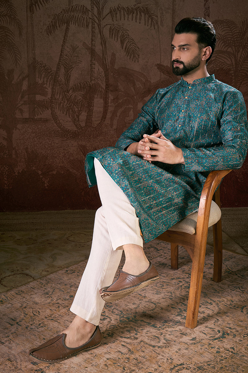 Blue Silk Blend Ethnic Motifs Printed Straight Kurta With Trouser