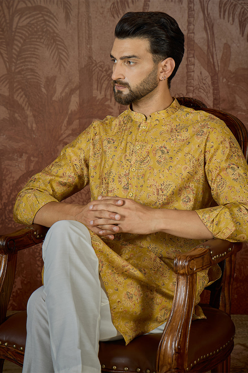 Mens Mustard Silk Blend Ethnic Motifs Printed Kurta With Trouser