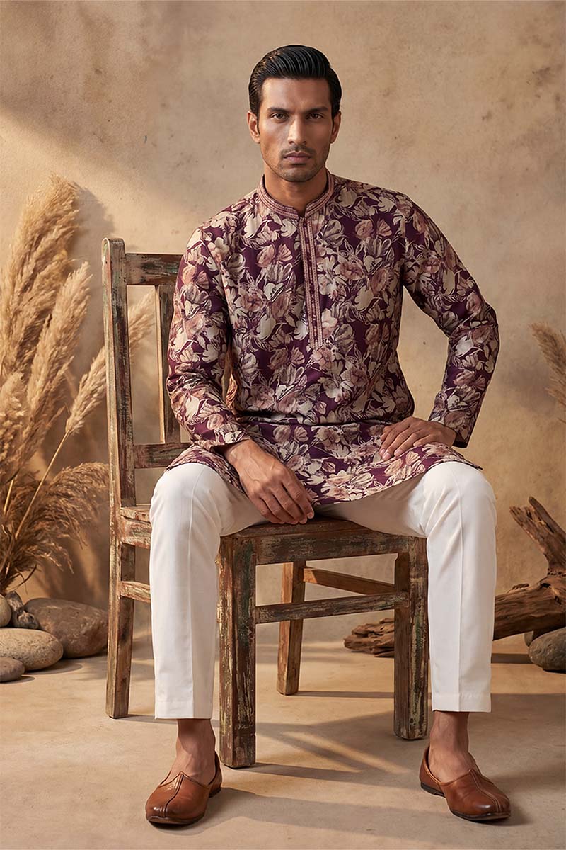 Mens Purple Viscose Rayon Floral Printed Kurta