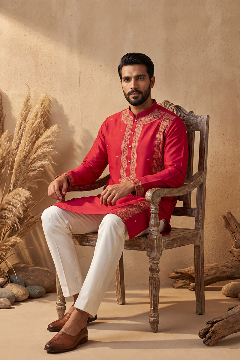 Mens Pink Silk Blend Solid Emboidered Straight Kurta