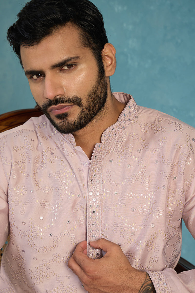 Men Lavender Silk Blend Embroidered Straight Kurta