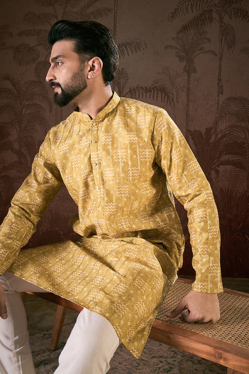 Mustard Silk Blend Ethnic Motifs Printed Straight Kurta