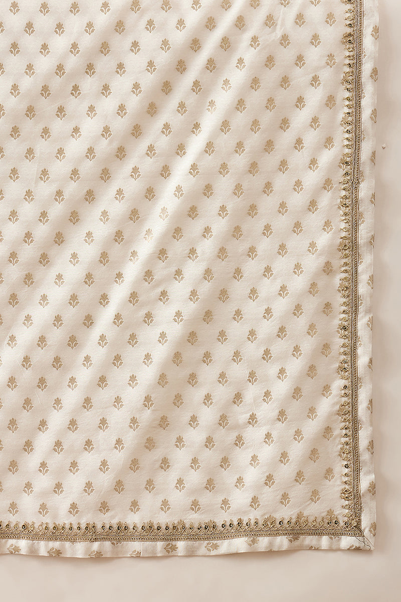 Men White Jacquard Woven Design Floral Straight Kurta with Dupatta