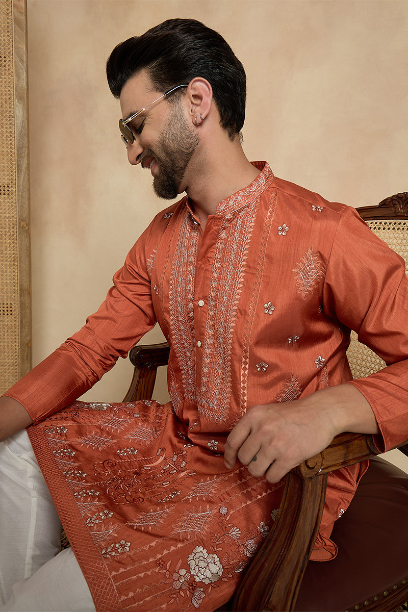 Mens Orange Silk Blend Solid Embroidered Straight Kurta With Trouser