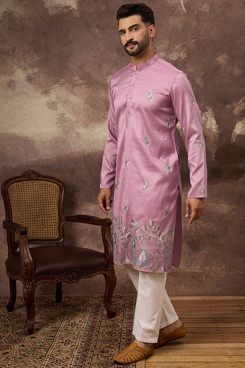 Pink Silk Blend Solid Embroidered Straight Kurta
