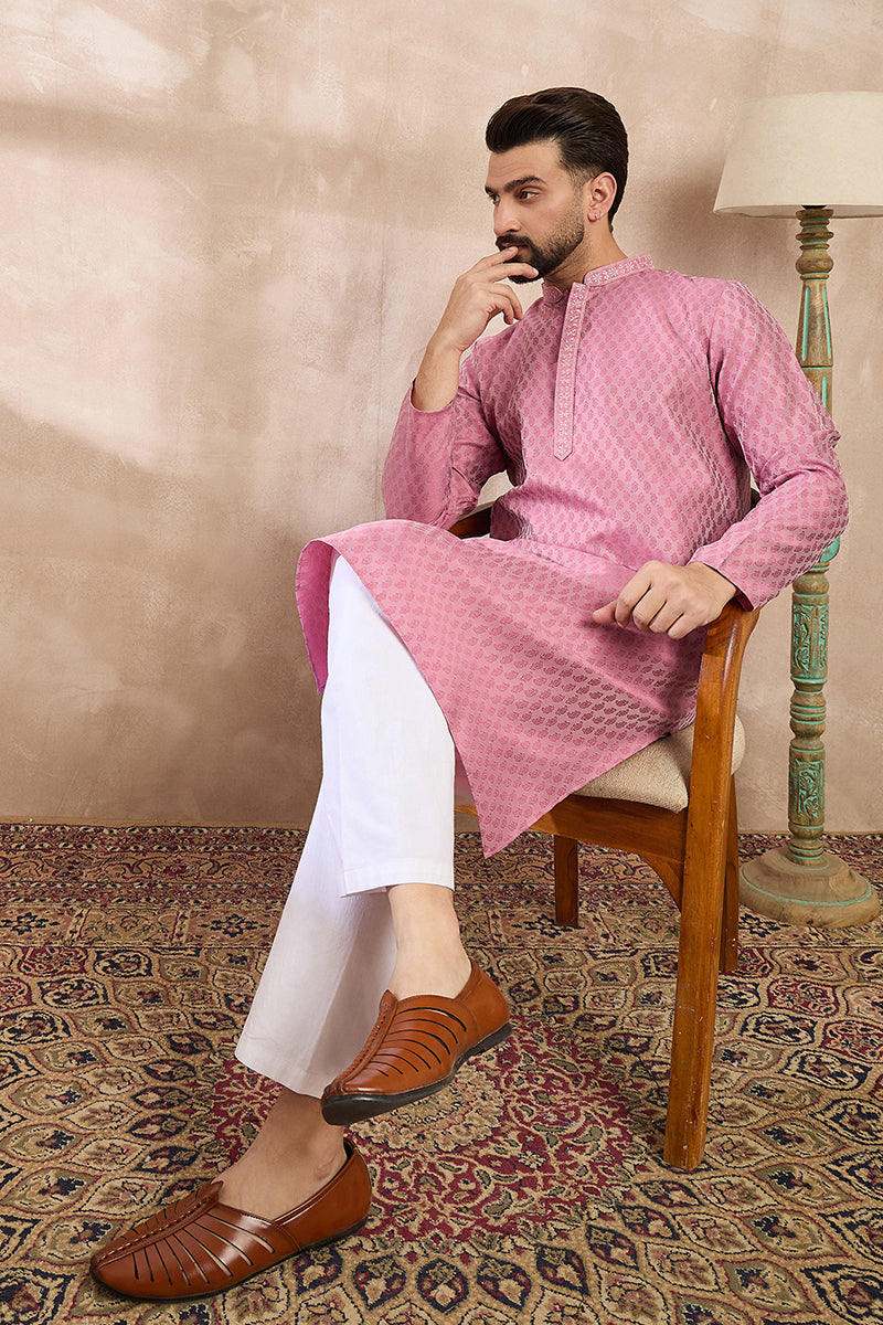 Pink Silk Blend Solid Woven Design Straight Kurta