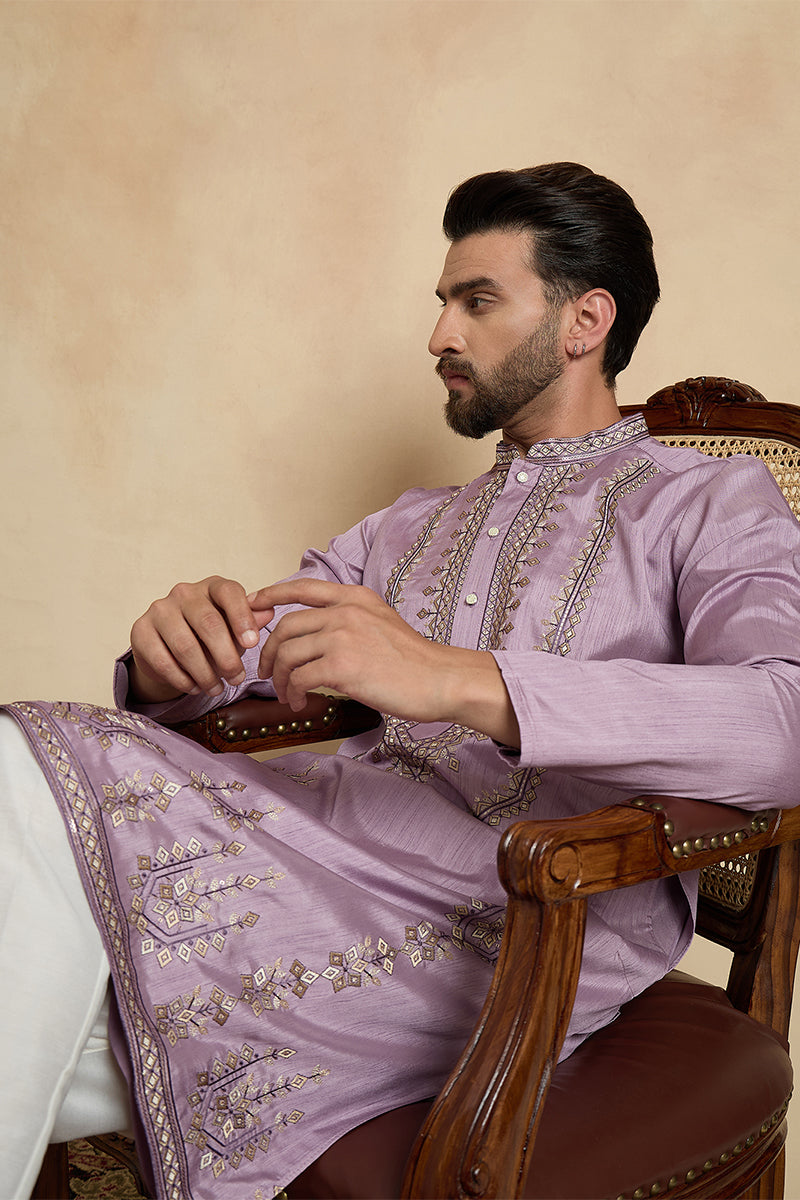 Mens Lavender Silk Blend Solid Embroidered Straight Kurta