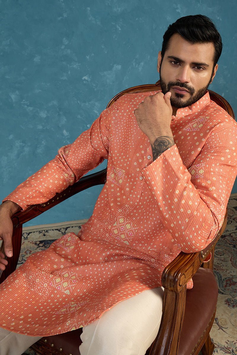Mens Orange Linen Blend Bandhani Printed Kurta With Trouser