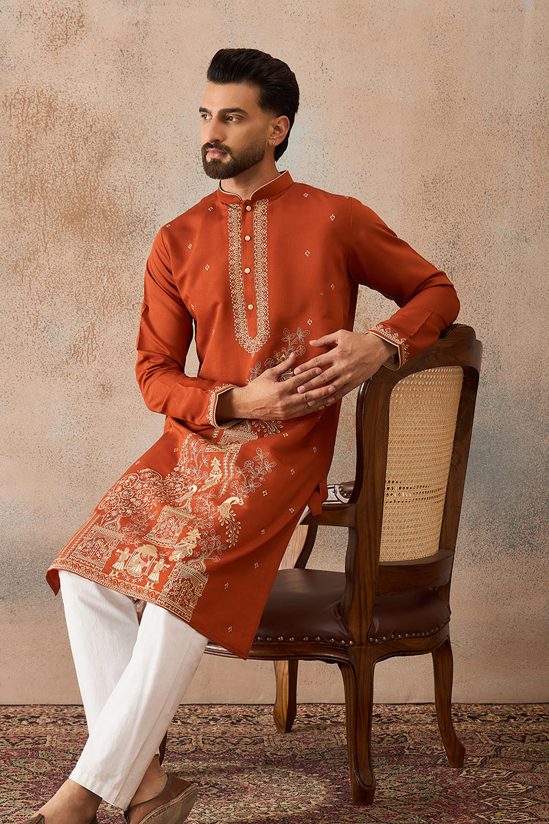 Mens Brown Viscose Rayon Solid Emboidered Straight Kurta
