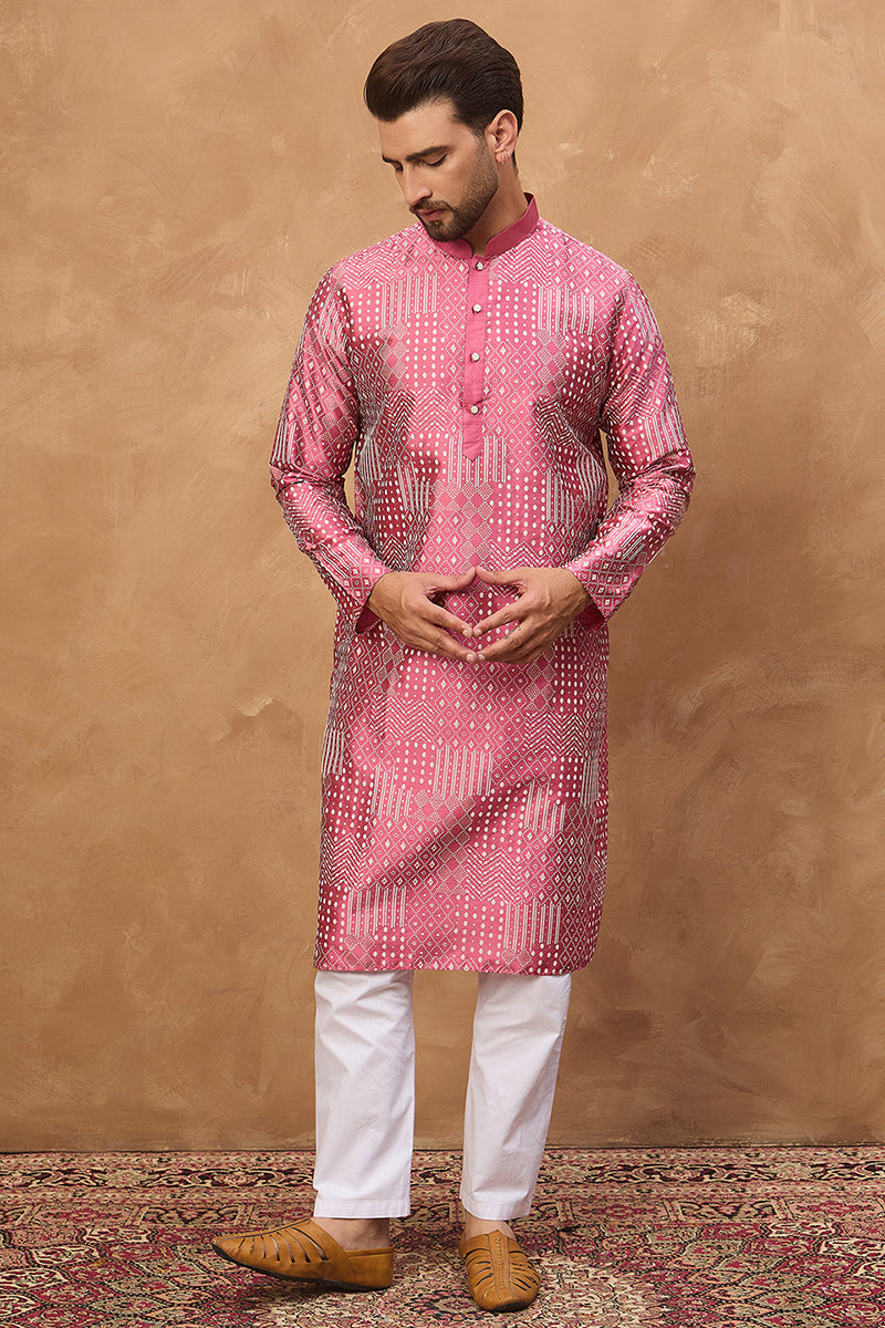 Pink Silk Blend Geometric Printed Straight Kurta