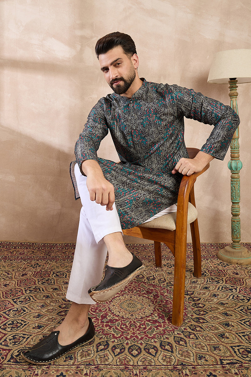 Black Silk Blend Floral Printed Straight Kurta