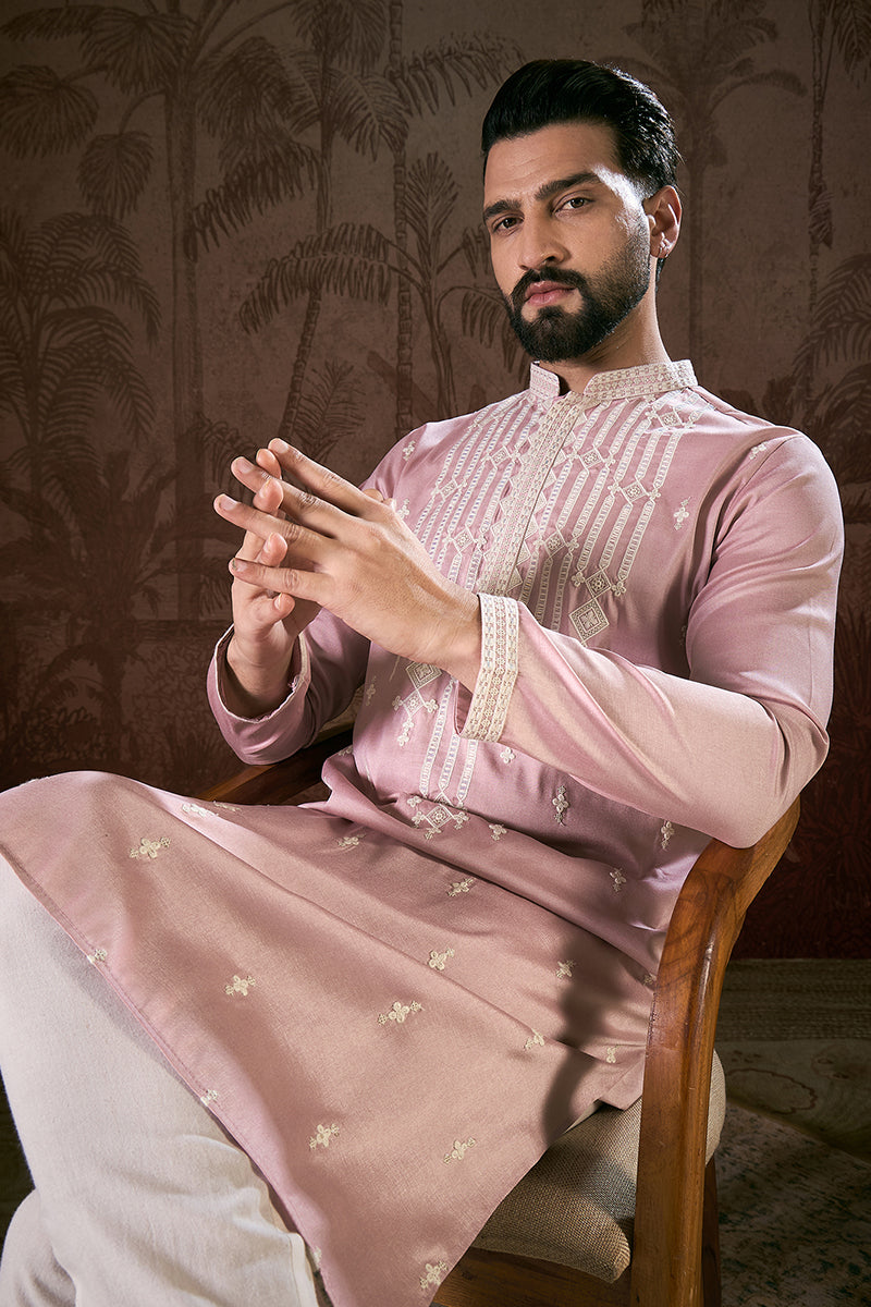 Pink Silk Blend Solid Embroidered Straight Kurta