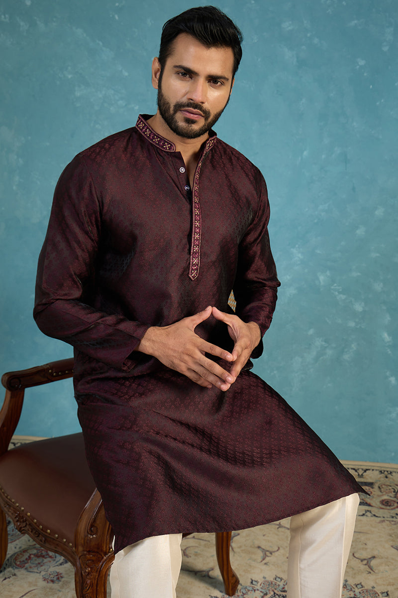 Mens Purple Silk Blend Woven Design Straight Kurta