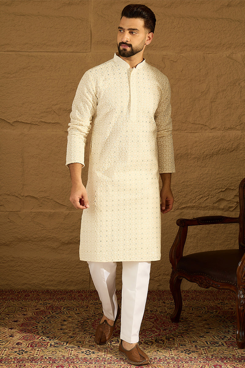 off white cotton solid printed straight kurta with trouser