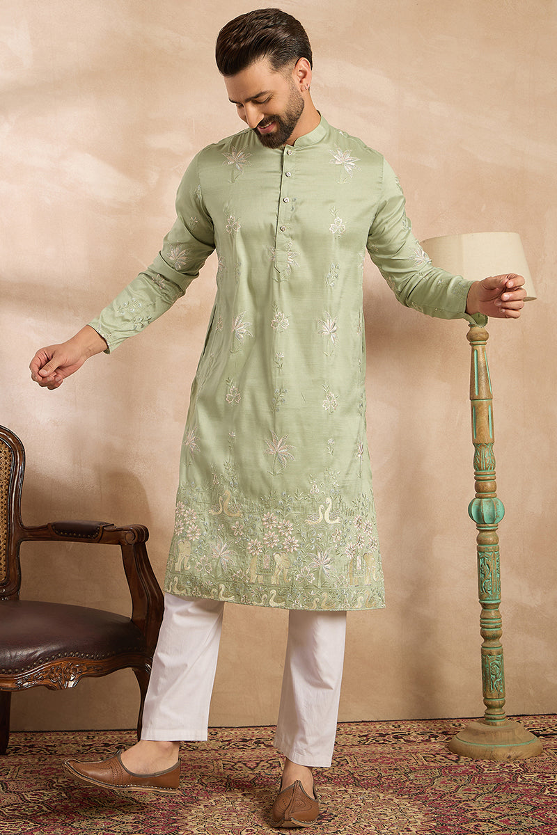Olive Silk Blend Solid Embroidered Straight Kurta