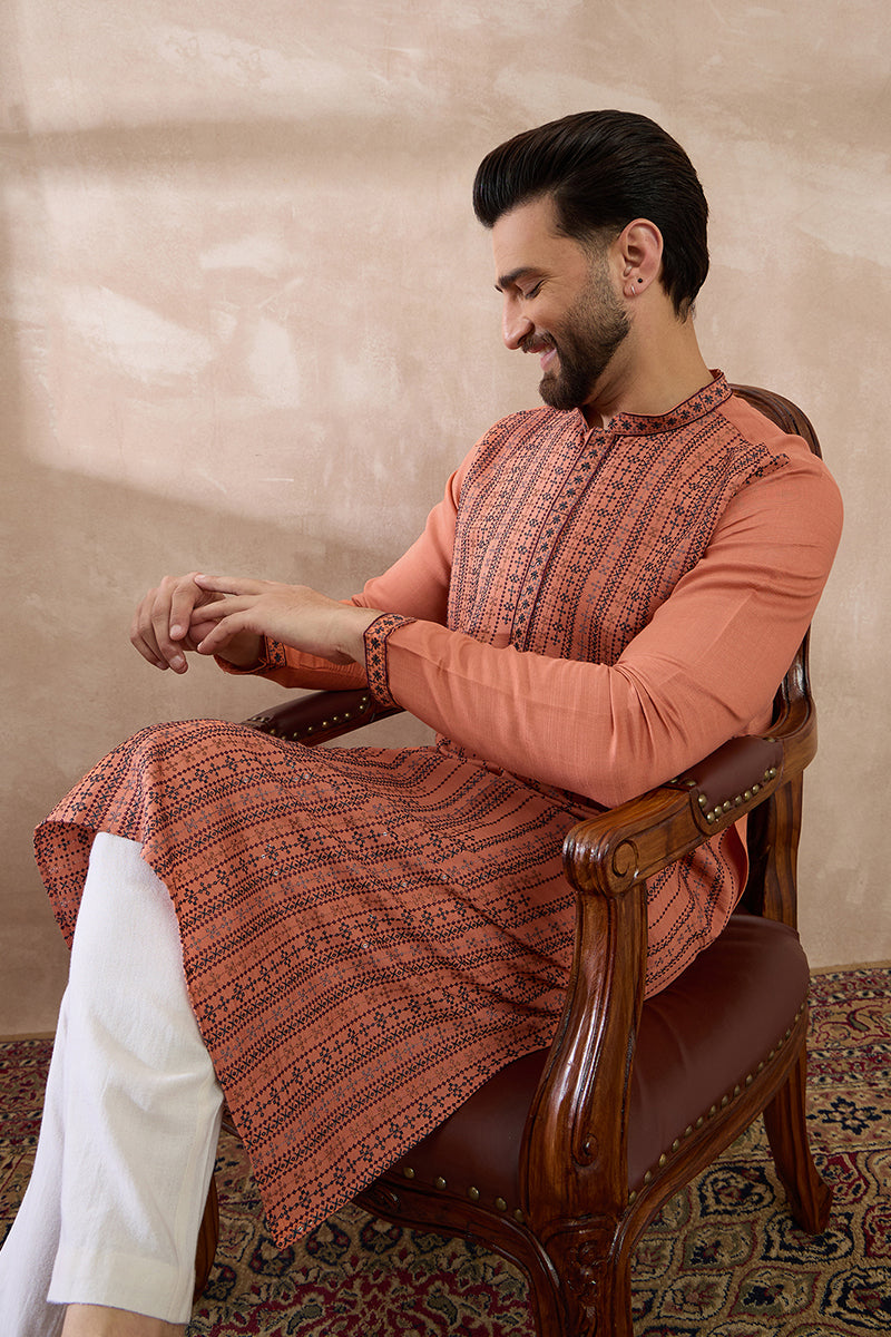 Orange Silk Blend Embroidered Mandarin Collar Straight Kurta With Trouser