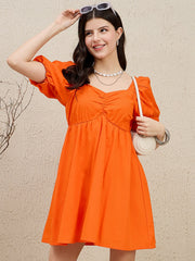 Zummer Orange Poplin Front Ruched Mini Dress