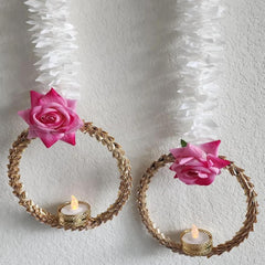 Set of 4 Handmade Wall Hangings for Home Decoration | Diwali Lights with Pink Rose