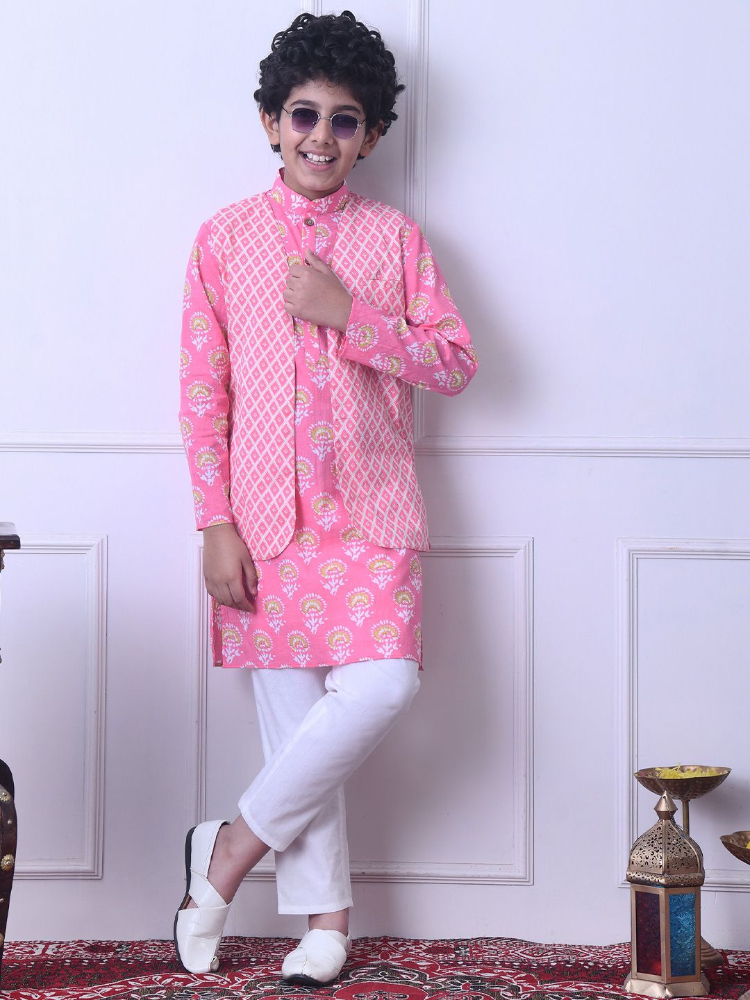 Indi Loom Couture Boys Pink Printed Kurta with Jacket & Pyjama Set ILBKSJ11