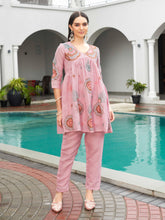 Baby Pink color linen with contrast color embroidered Flared tunic and trouser Co-ord set