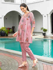 Baby Pink color linen with contrast color embroidered Flared tunic and trouser Co-ord set