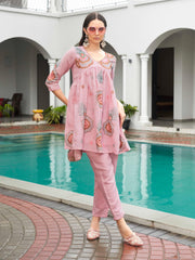 Baby Pink color linen with contrast color embroidered Flared tunic and trouser Co-ord set
