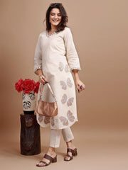 Off White color linen with contrast thread butterfly embroidered kurta and trouser Co-ord set