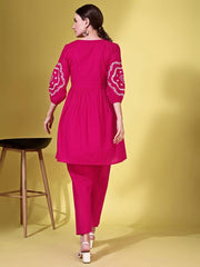 Fuschia color cotton with white thread embroidered tunic & trouser Co-ord set
