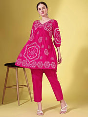 Fuschia color cotton with white thread embroidered tunic & trouser Co-ord set