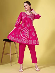 Fuschia color cotton with white thread embroidered tunic & trouser Co-ord set