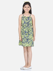 Girls Blue and Yellow Printed Front Knot Dress