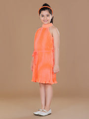 فستان بناتي من البوليستر الكريب المطوي بنقشة برتقالية