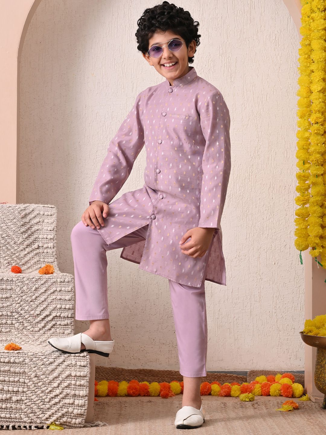 Indi Loom Couture Boys Lavender Chanderi Booti Kurta with Trouser Set ILBKS08