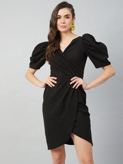 athena black tulip wrap dress with volume sleeves
