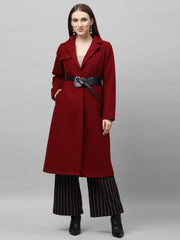 athena women burgundy solid longline overcoat