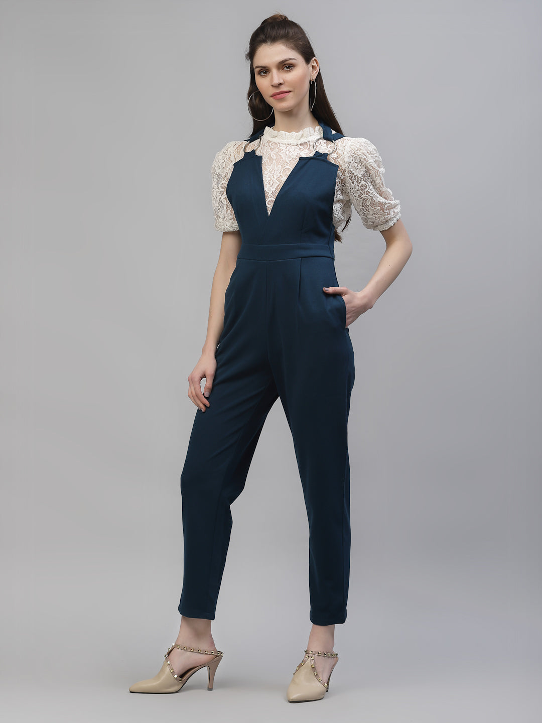 athena women teal blue solid basic jumpsuit