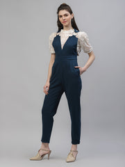 athena women teal blue solid basic jumpsuit