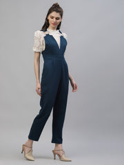 athena women teal blue solid basic jumpsuit
