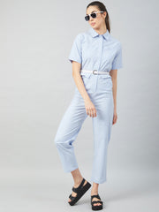 athena blue cotton jumpsuit front zip and pockets detail