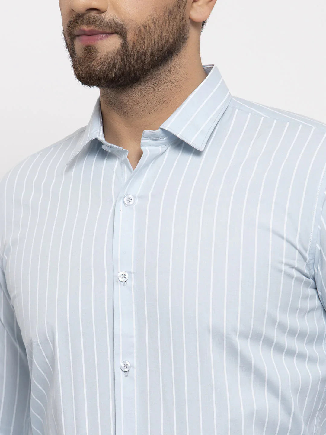 Jainish Blue Mens Cotton Striped Formal Shirts