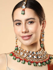 SOHI - Gold Plated Designer Kundan Party Necklace, Earring and Maang Tikka Set