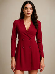 women maroon double breasted short dress
