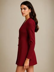 women maroon double breasted short dress
