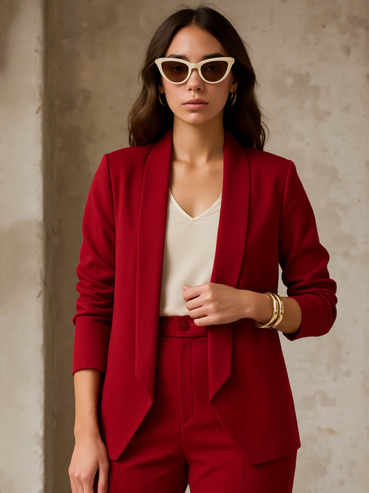 Women Maroon Lapel Collar Front Open Blazer
