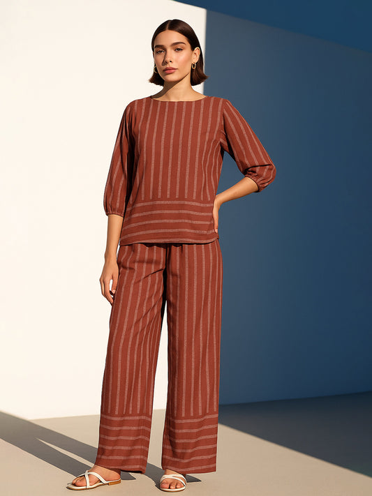 Women Rust Stripes Print Top With Pants
