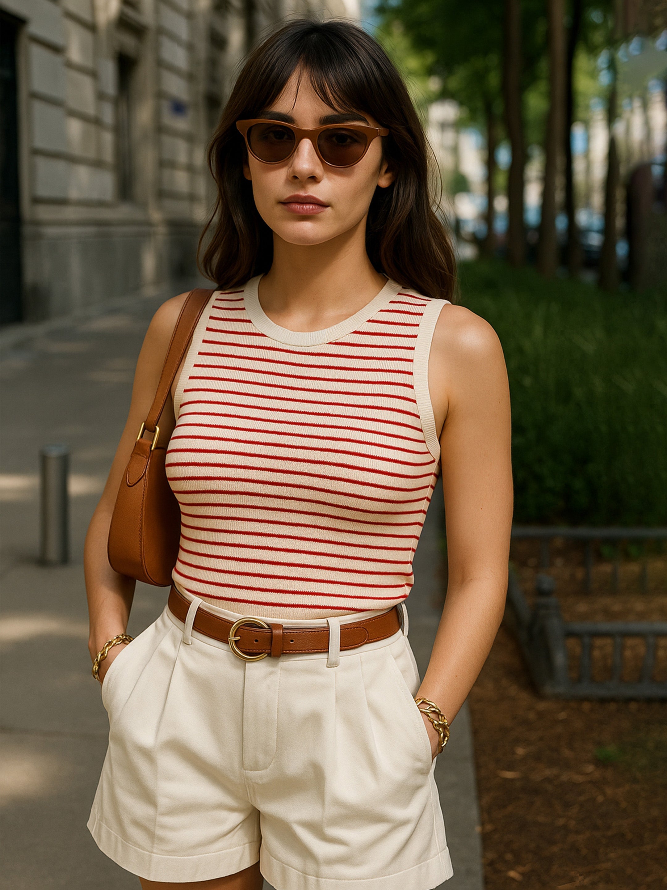 women red beige stripes sleeveless crop baby tee