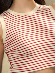 women red beige stripes sleeveless crop baby tee