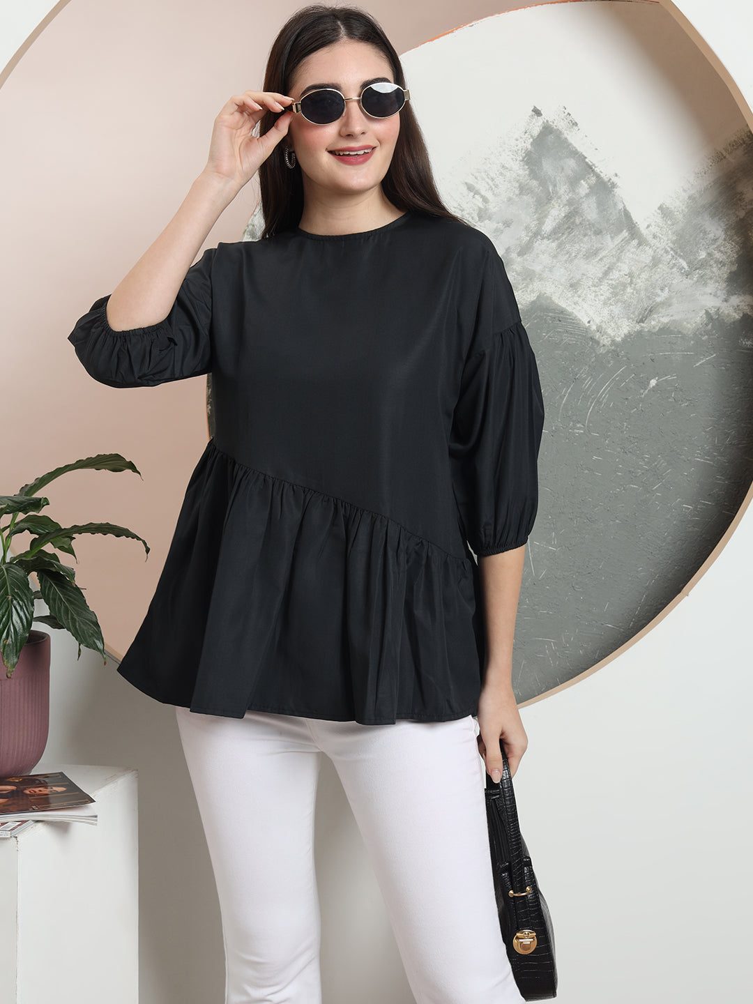 casual puff sleeves solid women top 1