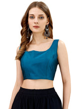 Blue colored sleeveless tafeta blouse